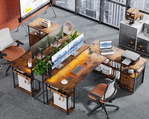 ODK L Shaped Gaming Desk with File Drawers, Power Outlets, LED Lights - 61 Inch Vintage