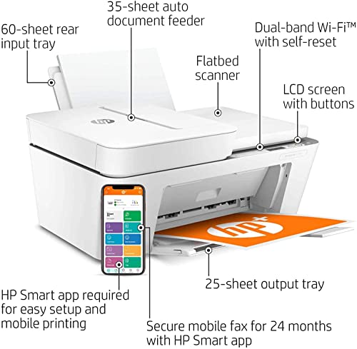 HP DeskJet 4158e All-in-One Wireless Color Inkjet Printer, White - Print Copy Scan - 1200 x 1200 dpi, 35-Sheet ADF, Icon LCD Display, Dual-Band Wi-Fi, Hi-Speed USB, W/Silmarils Cable