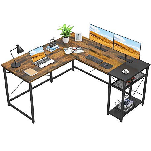 Foxemart L-Shaped Computer Desk, Industrial Corner Desk Writing Study Table with Storage Shelves, Space-Saving, Large Gaming Desk 2 Person Table for Home Office Workstation, Rustic Brown/Black