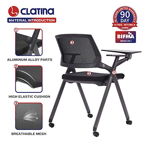CLATINA Mesh Folding Chairs with Tablet Arm and Wheels, Black (4 Pack)