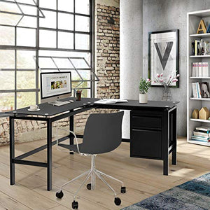 Black L Shaped Computer Desk for Home Office, 56" Large Glass L Desk with Storage Drawers, Study Modern Simple Corner Desk Table for Writing PC Laptop Gaming Workstation (Metal Steel)