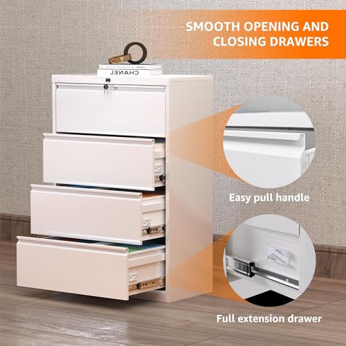 Aobabo 35.55" Wide 4 Drawer White Metal Lateral File Cabinet with Lock