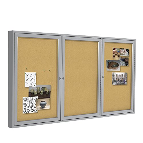 Ghent 36"x72"   3-Door indoor Enclosed Bulletin Board , Shatter Resistant, with Lock, Satin Aluminum Frame  - Natural Cork (PA33672K)  Malde in the USA