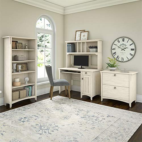 Bush Furniture Salinas Mission Desk with Hutch, Lateral File Cabinet and 5 Shelf Bookcase in Antique White