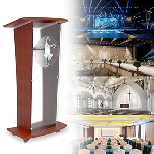 None Lectern Podium Stand 48" Tall with Frost Front Panel, Shelf, Wheels, Cross, Prayer Decor - Plexiglass - Debate Conference