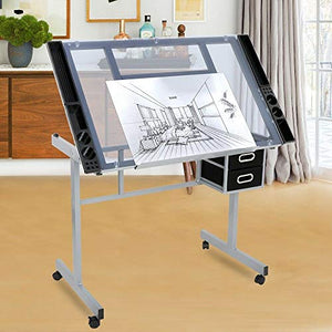 Adjustable Rolling Drawing Drafting Silver Black Table Tempered Safety Glass Top Art Craft Work Station Desk Board Work Hobby Stool Durable Powder-Coated Steel Frame 2 Slide-Out Drawer Storage