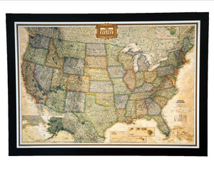 GIANT BEST SELLING push pin map of the United States Nat Geo's Executive US Map FRAMED 74 3/4 x 53 1/2" Pin board MAP with Black Satin Finish Frame is the best push pin travel map for home or office