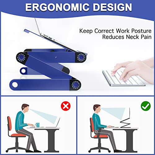 FKSDHDG Laptop Desk for Bed Cozy Aluminum Lap Workstation Stand with 2 Fan Mouse Pad Foldable Book Stand Notebook Tablet Blue