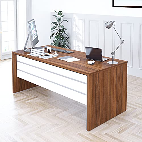 Casa Mare 71" Executive Office Furniture Set | Made of Wood | Home Office Modern Business Suite | 4-Piece Including Long Desk with Drawers, Coffee Table and Large Storage Cabinet | White & Brown