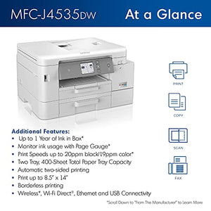 Brother MFC-J4535DW INKvestment Tank All-in-One Color Inkjet Printer with NFC, Auto 2-Sided Printing, Print Scan Copy Fax, Built-in wireless, 4800 x 1200 dpi, White - Bundle with JAWFOAL Printer Cable