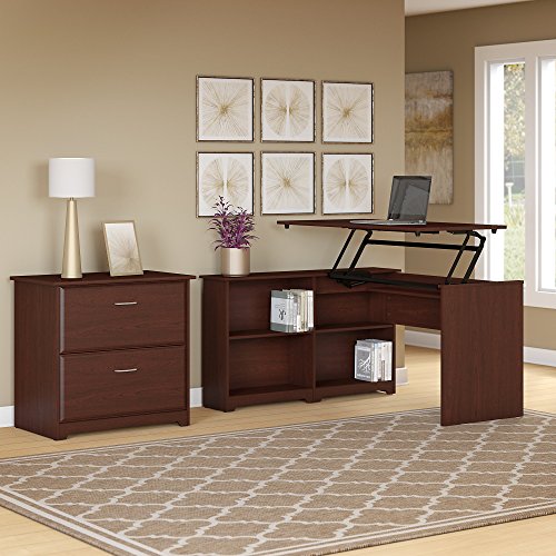 Bush Furniture Cabot 52W 3 Position Sit to Stand Corner Bookshelf Desk with Lateral File Cabinet in Harvest Cherry