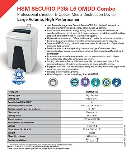 HSM SECURIO P36iL6 OMDD Combo Shredder, 12-14 Sheets, 38.3-Gallon Capacity