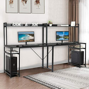 Computer Desk with Hutch Storage Shelves,pollyhb 94.5 in Extra Long Two Person Desk with Storage Shelves, Double Workstation Desk for Home Office, Black