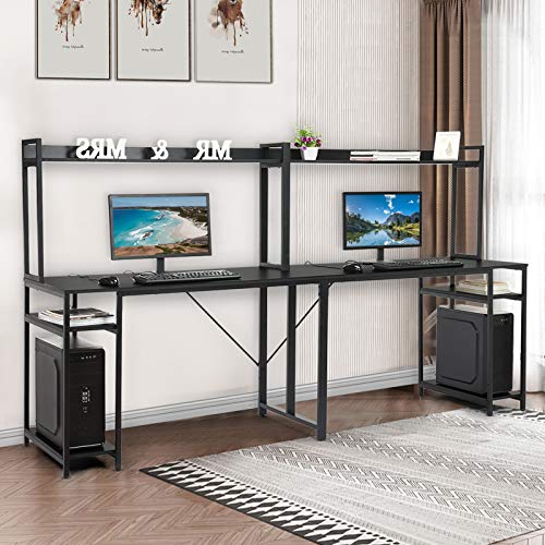2 Person Desk, Double Computer Storage Shelves, Extra Long 2 People Pc Workstation Home Office Computer Desk with Monitor Hutch, Writing Study Gaming Table, Easy Assembly (Black)