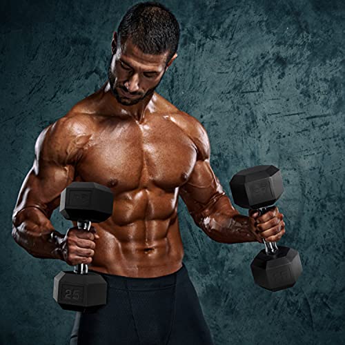 WF Athletic Supply 5-25Lb Rubber Coated Hex Dumbbell Set with Two Tier Storage Rack Non-Slip Hex Shape for Muscle Toning, Strength Building & Weight Loss, Black Rack, Straight Handle