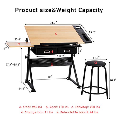 HOMFY Drafting Desk Adjustable Draft Drawing Table Tabletop Tilted Art Craft Work Station for Adults, Artists and Architecture - Wood