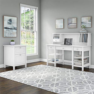 Bush Furniture Broadview 60W Desk with Storage Shelves, Small Hutch Organizer and File Cabinet in White