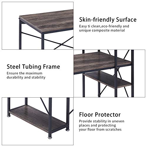 【US Stock】 Computer Desk with Storage Shelves, Home Office Desk PC Workstation, Reversible Study Writing Table with Adjustable Bookshelf, Modern Simple Style, Easy Assembly (Light Brown)