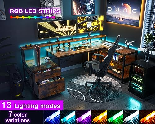ODK L Shaped Desk with File Drawer, Power Outlet, LED Strip, & Storage Shelves