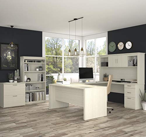 Bestar Logan U-Shaped Desk with Hutch, Lateral File Cabinet, Bookcase - 66W, White Chocolate