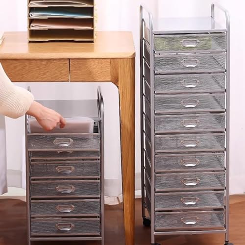 SaiFfe Rolling Metal Mesh File Cabinet with Wheels, 10 Drawers - Silver