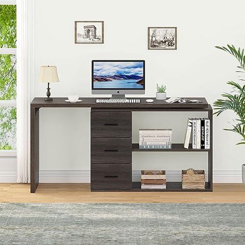 HSH L Shaped Computer Desk with Drawers, Storage Cabinet Shelves - Gray 60 In