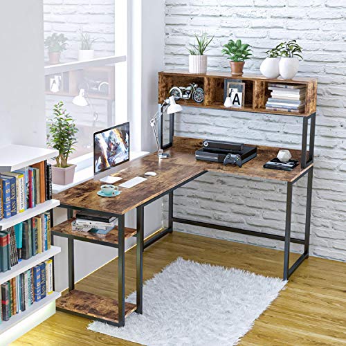 VIPEK L-Shaped Desk with Hutch, 69" Large Computer Desk Gaming Table PC Table Workstation Study Writing Table with Storage Bookshelf, Space Saving Corner Desk for Home Office, Antique Oak