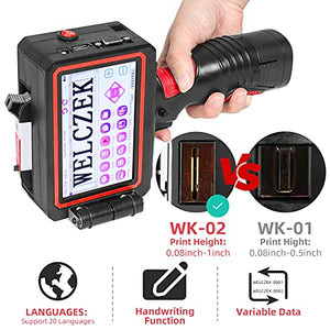 WELCZEK WK-02 Portable Intelligent Handheld Inkjet Printer, Printing Height (0.08-1 Inch) Inkjet Coding Machine for Logo Label Barcode Qr-Code Variable Data etc (Support 20 Languages)