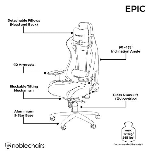 noblechairs Epic Gaming Chair - Office Chair - Desk Chair - PU Faux Leather - 265 lbs - 135° Reclinable - Lumbar Support Cushion - Racing Seat Design - White/Black