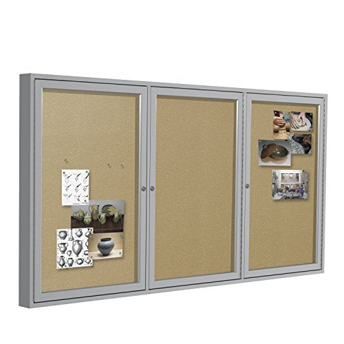 Ghent 4" x 8" 3-Door Outdoor Enclosed Vinyl Bulletin Board, Shatter Resistant, with Lock, Satin Aluminum Frame - Caramel (PA348VX-181), Made in the USA