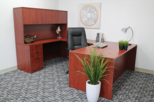Boss Office Products Holland 71" Executive U-Shape Desk with Pedestal File Storage and Hutch, Cherry