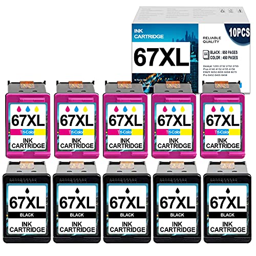 (5Black,5Tri-Color) 67XL Ink Cartridge Replacement for HP Deskjet 1255 2732 2752 2755 Plus 4140 4152 Plus 4155 4158 Envy 6052 6055 6058 6075 Pro 6452 6455 6458 3YM57AN 3YM58AN Printer Ink Cartridge