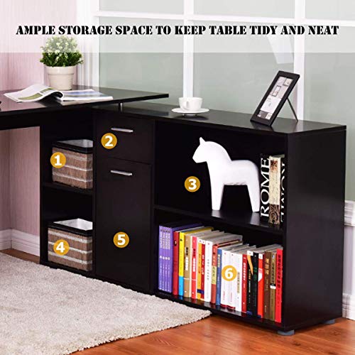 Tangkula L Shaped Desk Corner Desk, Home Office Wood Computer Workstation, Space Saving Computer Desk with Spacious Wooden Surface, Storage Shelves