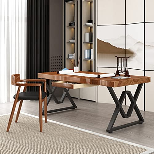 Solid Wood Computer Desk with Drawer and Sturdy Metal Bracket, 5cm Pine Panel Game Table Study Desk (300x120x75cm)