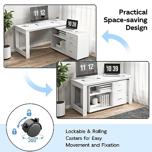 Buytime White L-Shaped Office Desk with Drawers and Shelves