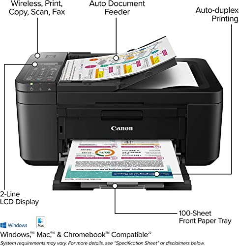 Canon PIXMA TR47 20 All-in-One Multifunction Wireless Color Inkjet Printer, Black - Print Copy Scan Fax - 4800 x 1200 dpi, 8.5 x 14, 2-Line LCD Display, Auto Duplex Printing, 20-Sheet ADF