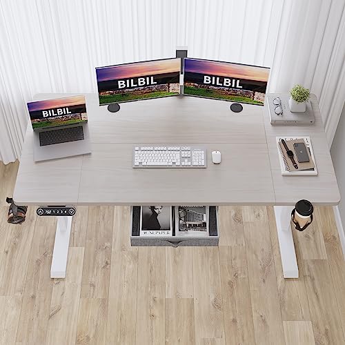 bilbil Electric Standing Desk 63x30 Inches with Drawer, Height Adjustable Sit Stand Up Desk - Pale Pearwood Top/White Frame