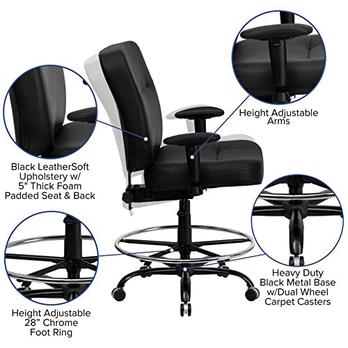 Offex Big & Tall 400 lb. Rated Black LeatherSoft Drafting Chair with Adjustable Arms