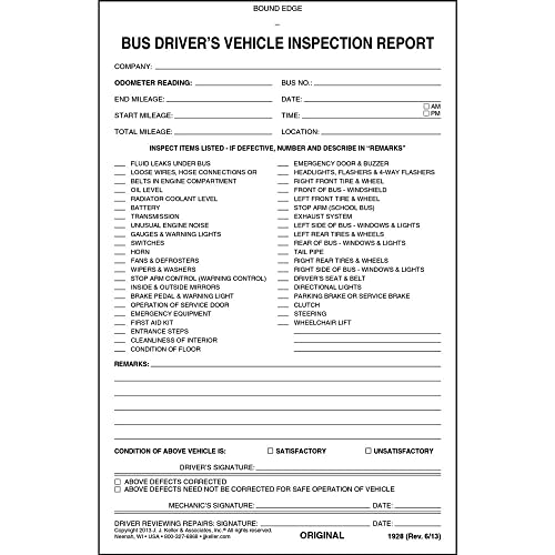 Bus Driver's Vehicle Inspection Report 100-pk. - Book Format, 2-Ply Carbonless, 5.5" x 8.125", 31 Sets of Forms Per Book - Meet FMCSR Requirements - J. J. Keller & Associates