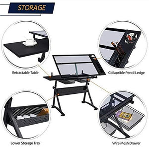 BJYX Glass Adjustable Art Drafting Table Artists Drawing Desk with 2 Drawers & Stool