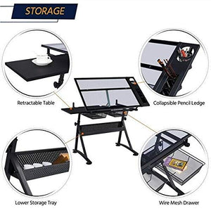 HLWL Glass Drafting Table Artists Drawing Desk Adjustable with 2 Drawers & Stool