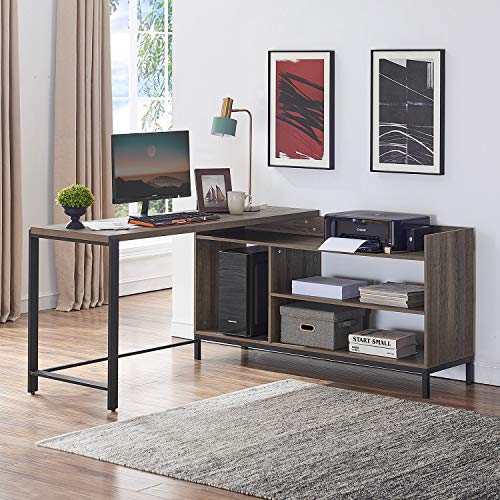 FELLYTN Rustic Industrial L Shaped Desk, 59 Inch Wood and Metal Study Corner Desk, Office Writing Workstation with Shelves and File Cabinet for Home Office (Gray Oak)
