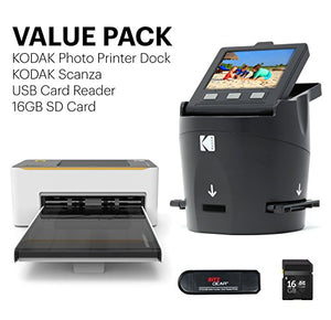 Kodak Scanza Film Scanner & Dock Printer Bundle - Scan, Save and Print Negatives & Slides to 4x6 Prints - Set Includes Kodak Printer Dock, Kodak Scanza Digital Film Scanner & 16GB SD Card w/Reader