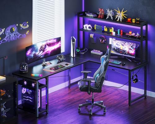 AODK L Shaped Gaming Desk with Hutch, Power Outlets, LED Strip, Monitor Stand - 66" Reversible Corner Computer Desk with Storage Shelves - Black
