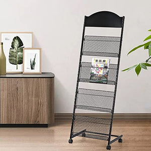 HAUTHE Magazine Holder/Storage Rack with Wheels, 4 Pockets - Floor-Standing Literature Organizer