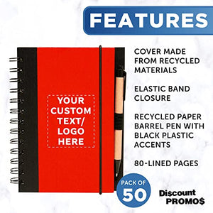 50 ECO Block Notebooks with Pens Pack - Customizable Text, Logo - Spiral, Recycled, Elastic Loop - Red