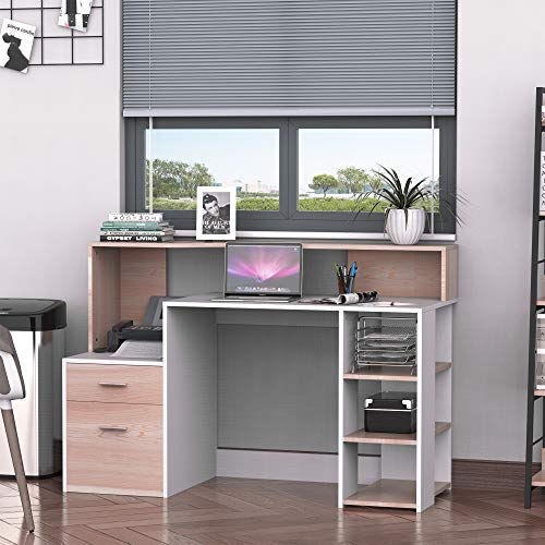 HOMCOM 54" Multi-Level Modern Design Home Office Desk with 3 Storage Shelves & 2 Pull-Out Drawers, Oak