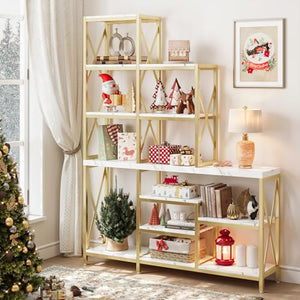 HolliWill Gold Book Shelves Set of 2 - 70'' H Etagere Bookcase with Metal Frame, 110'' W Modern White Wood Shelf