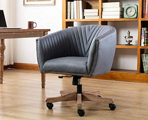 Chairus Retro Faux Leather Swivel Barrel Arm Chair with Luxury Nailheads, Mid Century Modern Upholstered Home Office Desk Accent Chair with Wood Base Mid-Back, Dark Grey
