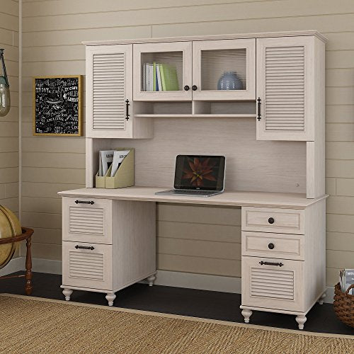 kathy ireland Home by Bush Furniture Volcano Dusk Double Pedestal Desk with Hutch in Driftwood Dreams